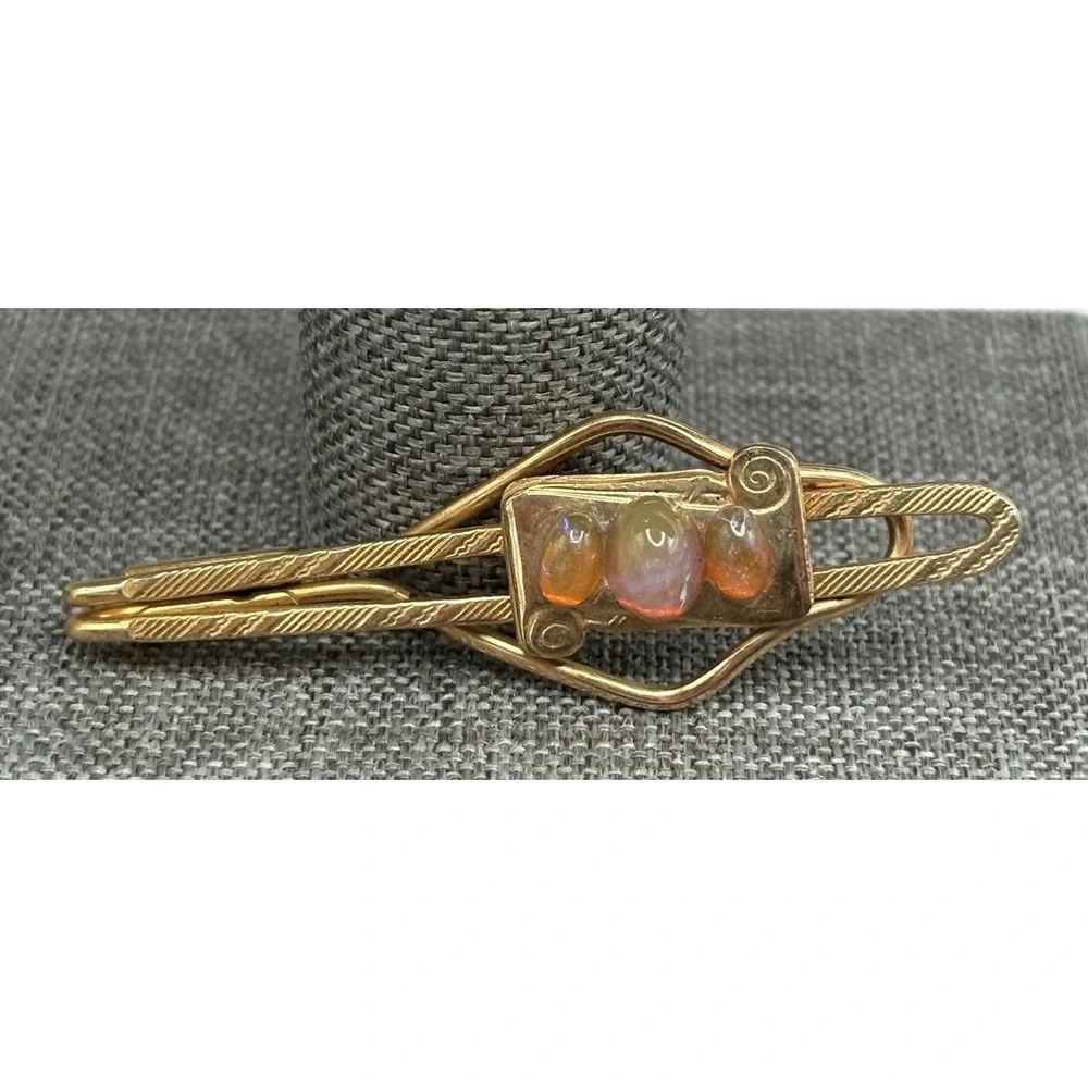 Vintage Dragon's Breath Cabochon Gold Plated Scroll Detail Tie Bar Clip Pin